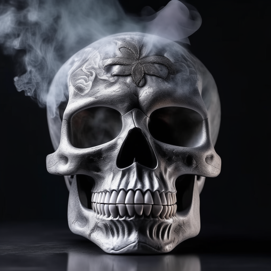 Una calavera estilizada con humo gris saliendo de los ojos y la boca