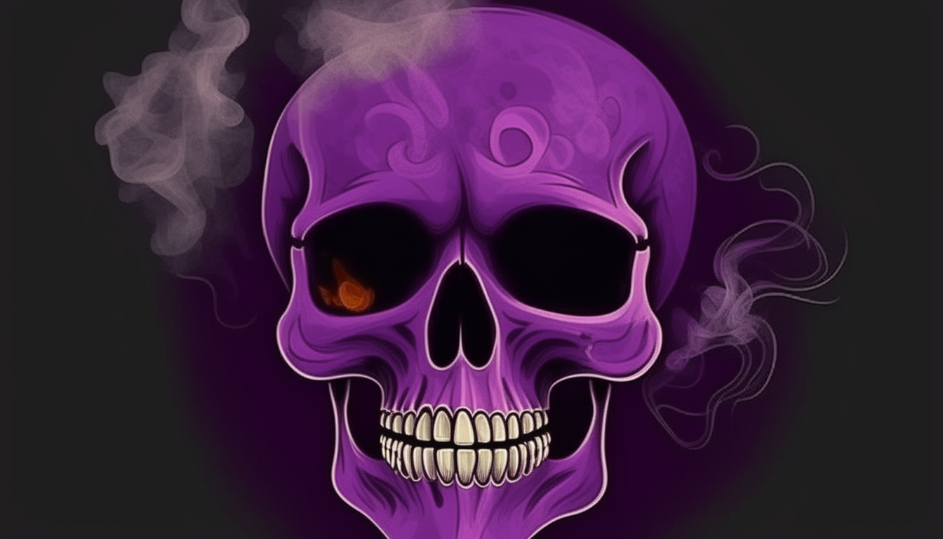 Una calavera echando humo morado