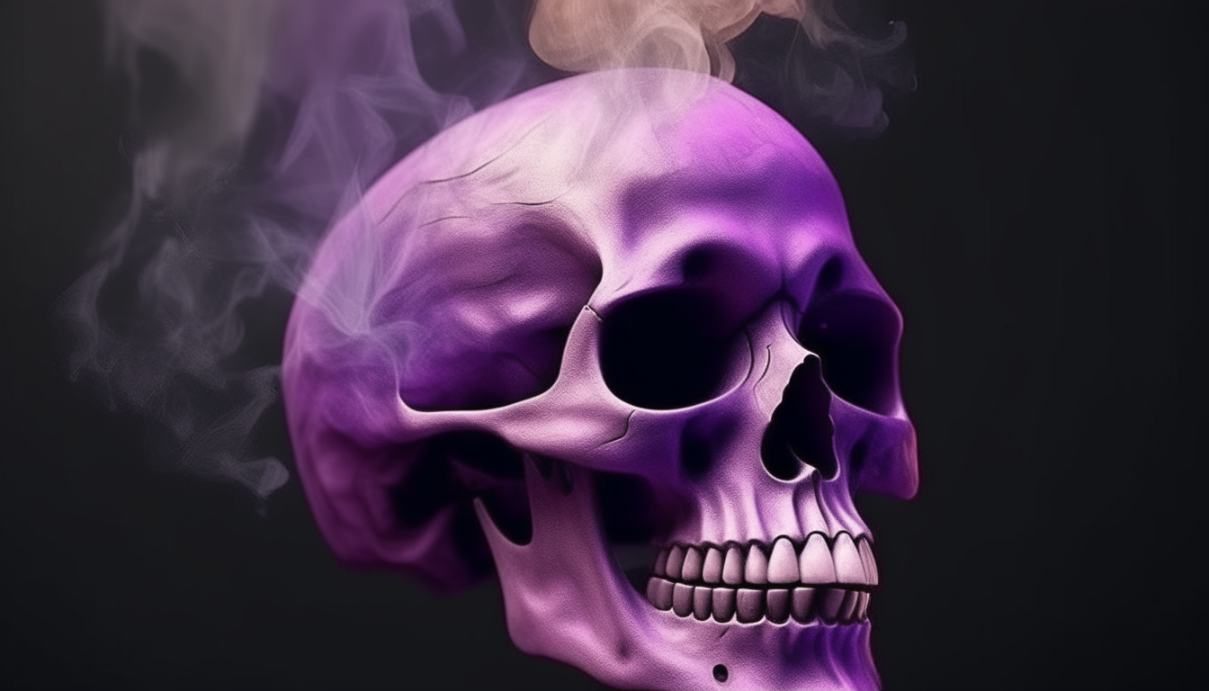 Un video de una calavera realista echando humo morado