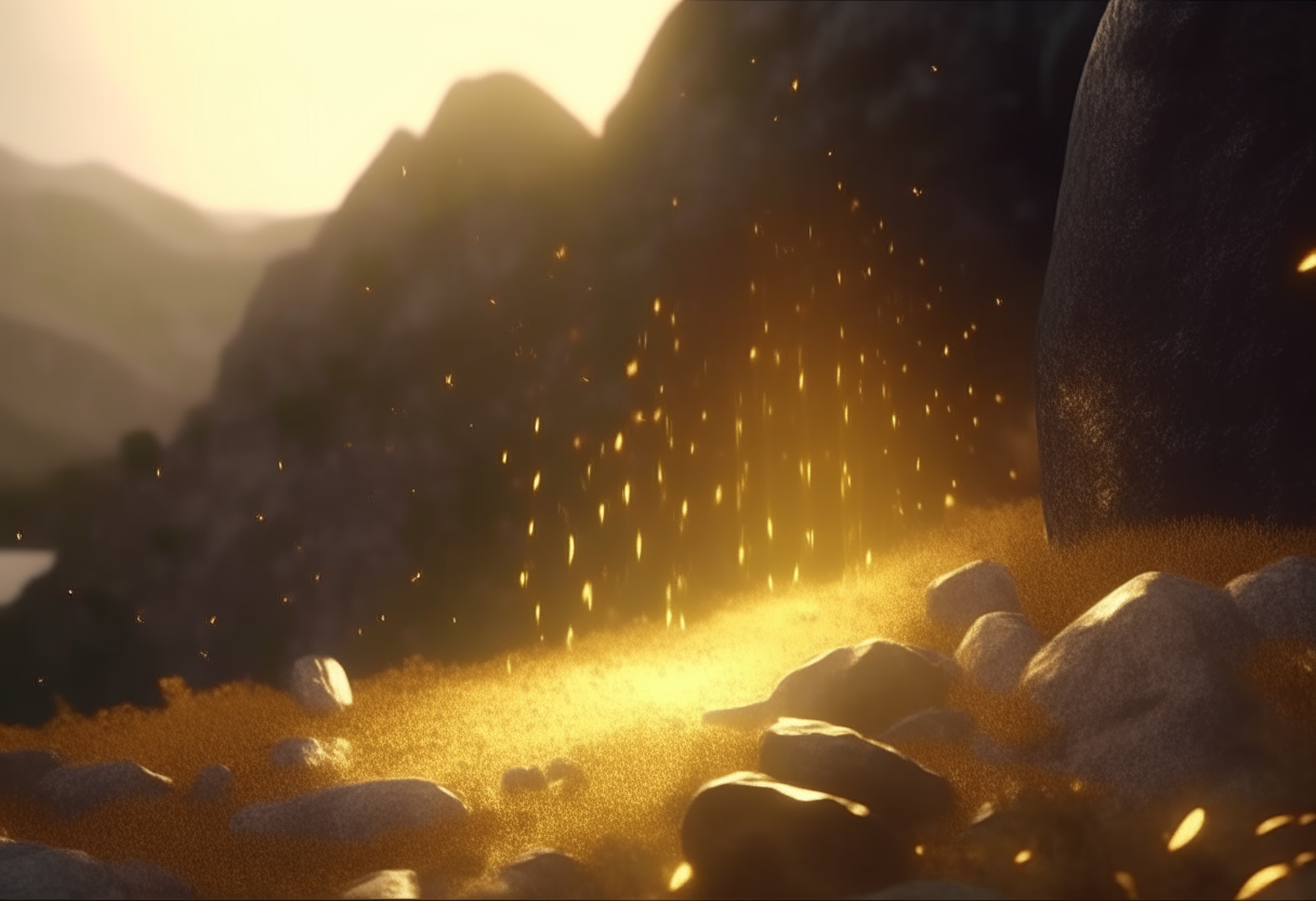   The stone shone brightly and a shower of golden lights spread throughout the valley. .. cinematique,4k,ultra realiste