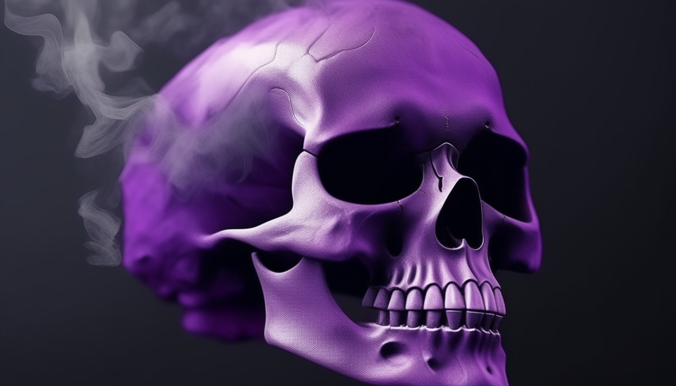 Una calavera morada realista echando humo morado