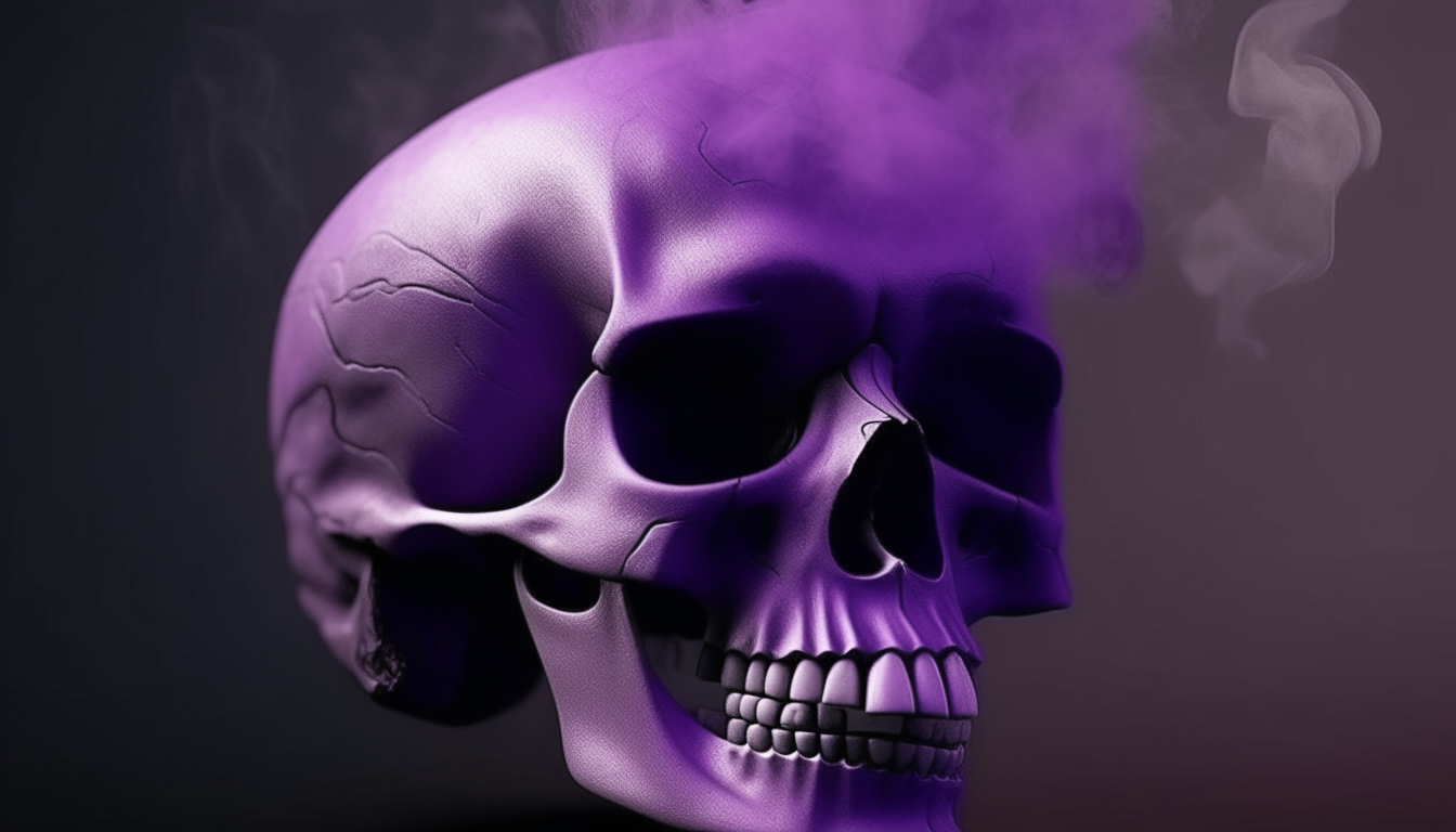 Una calavera morada realista echando humo morado