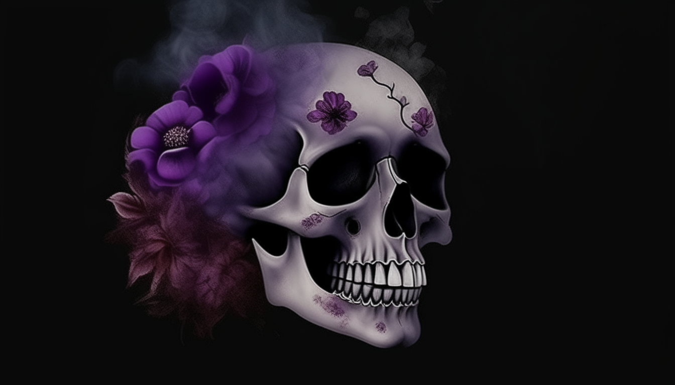 Una calavera morada realista con flores, echando humo morado sobre un fondo negro