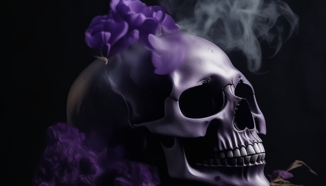 Un cráneo morado realista con flores, echando humo blanco sobre un fondo negro