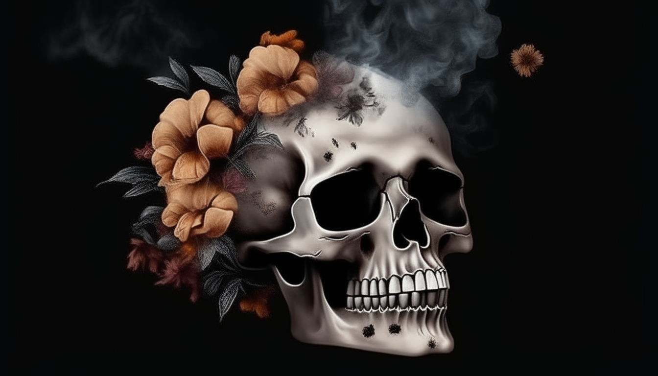 Una calavera realista echando humo blanco con flores sobre un fondo negro