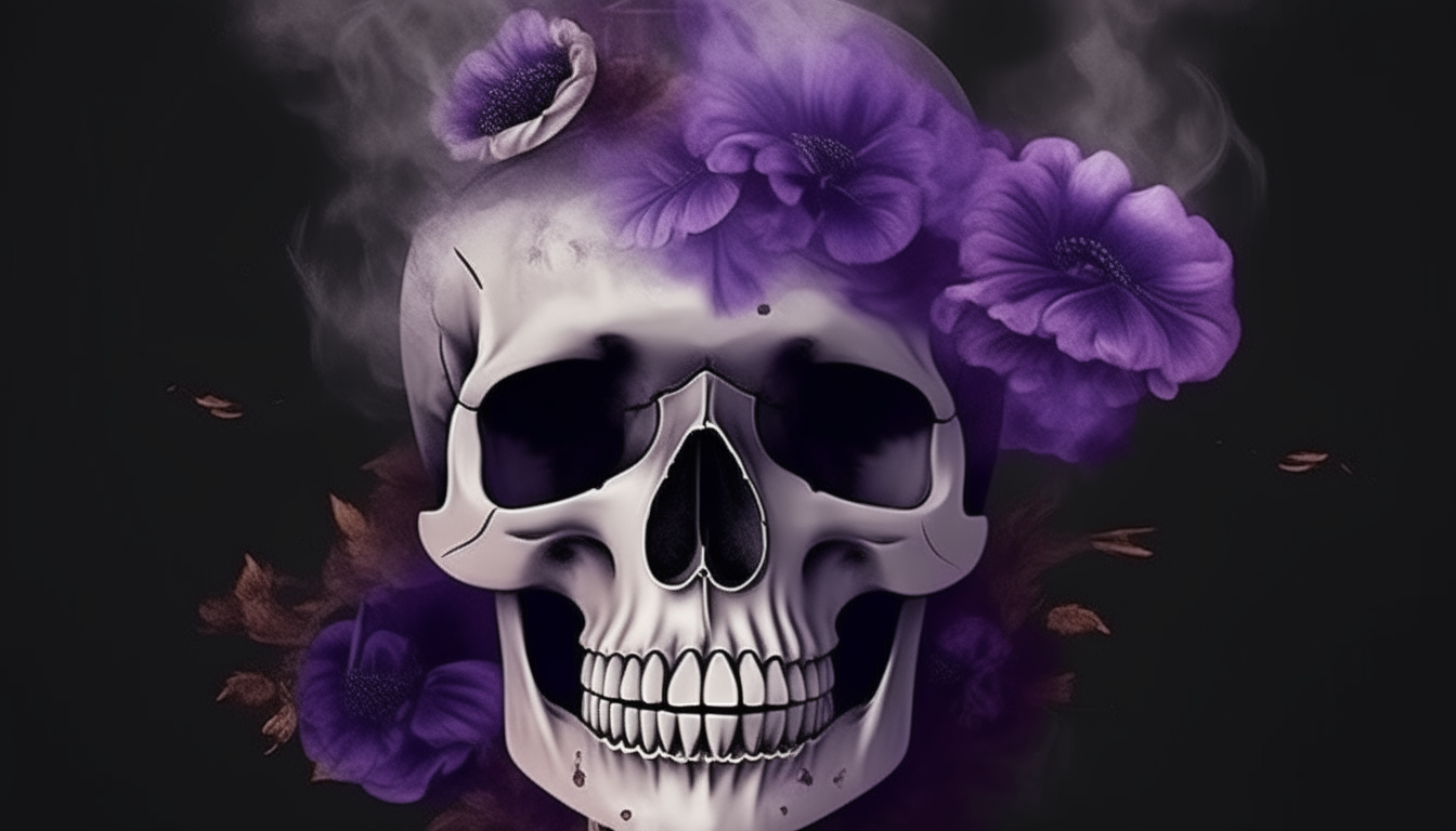 Una calavera morada realista con flores echando humo