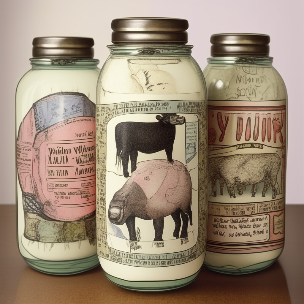 Vertical zoo ticket with an image of a african safari engraving on the paper,three painted mason jars with a pig, cow and some tools, in the style of offbeat whimsy, avocadopunk, solapunk, grocery art, spare and elegant brushwork, use of precious materials, avian-themed