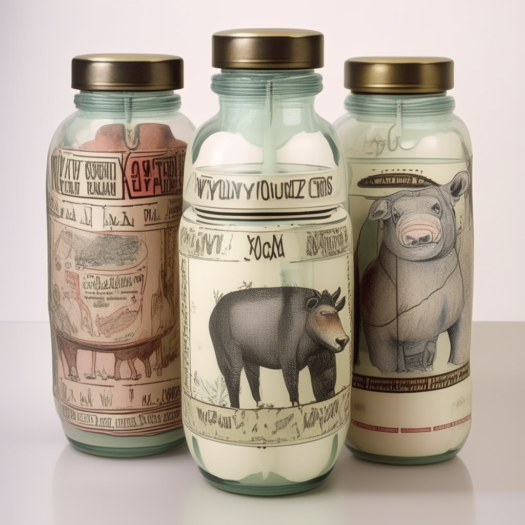 Vertical zoo ticket with an image of a african safari engraving on the paper,three painted mason jars with a pig, cow and some tools, in the style of offbeat whimsy, avocadopunk, solapunk, grocery art, spare and elegant brushwork, use of precious materials, avian-themed