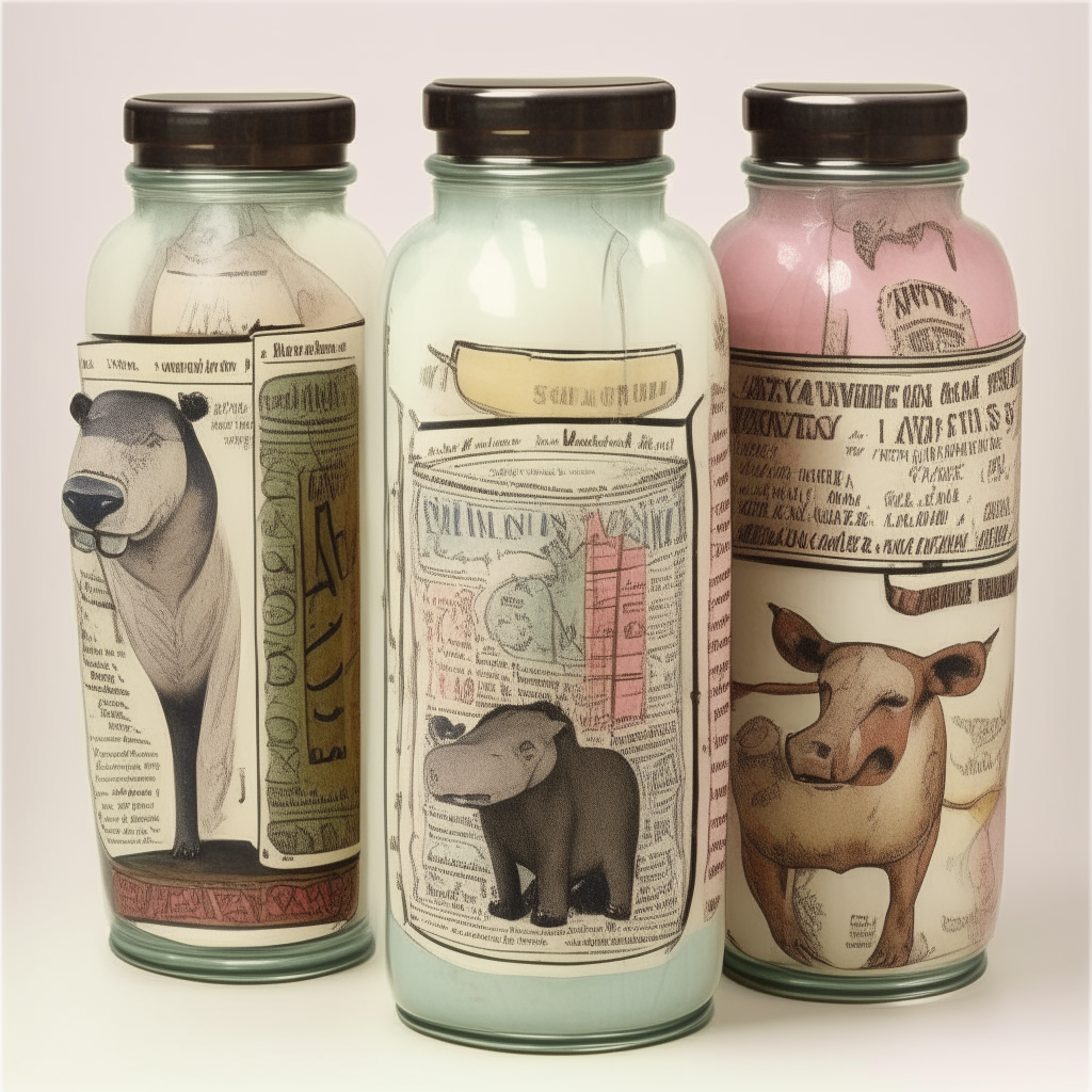 Vertical zoo ticket with an image of a african safari engraving on the paper,three painted mason jars with a pig, cow and some tools, in the style of offbeat whimsy, avocadopunk, solapunk, grocery art, spare and elegant brushwork, use of precious materials, avian-themed
