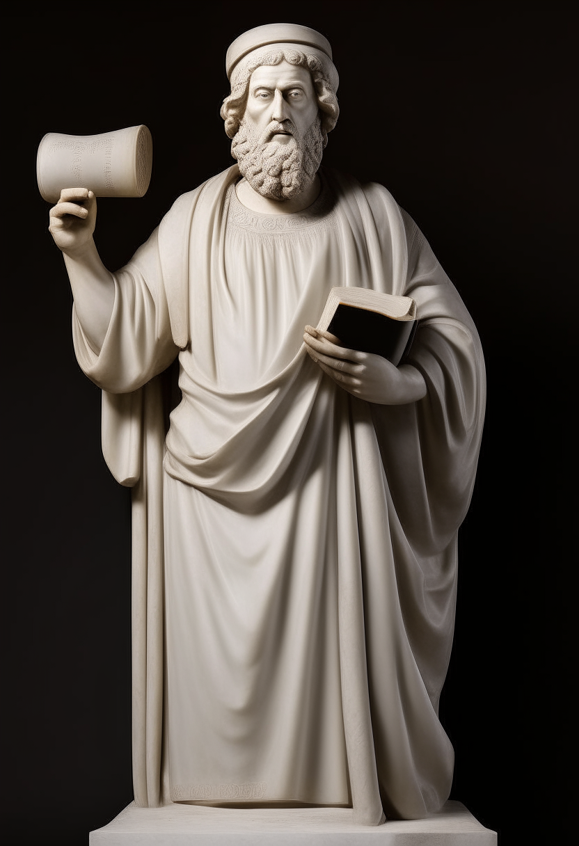 A tall marble statue of Moses Maimonides wearing robes and holding a scroll, depicted in fine detail