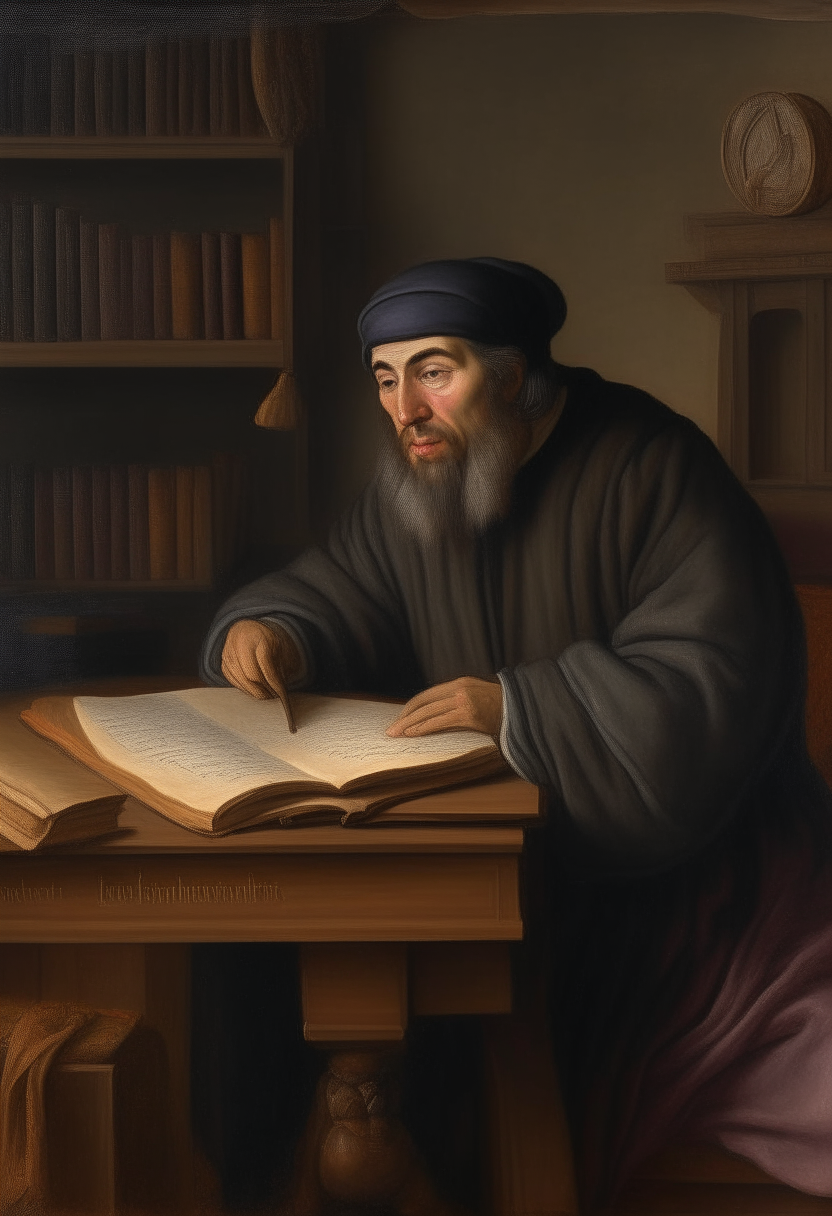 Moses Maimonides sitting at a desk in a study, wearing medieval robes, writing in a large book with a quill pen, oil painting