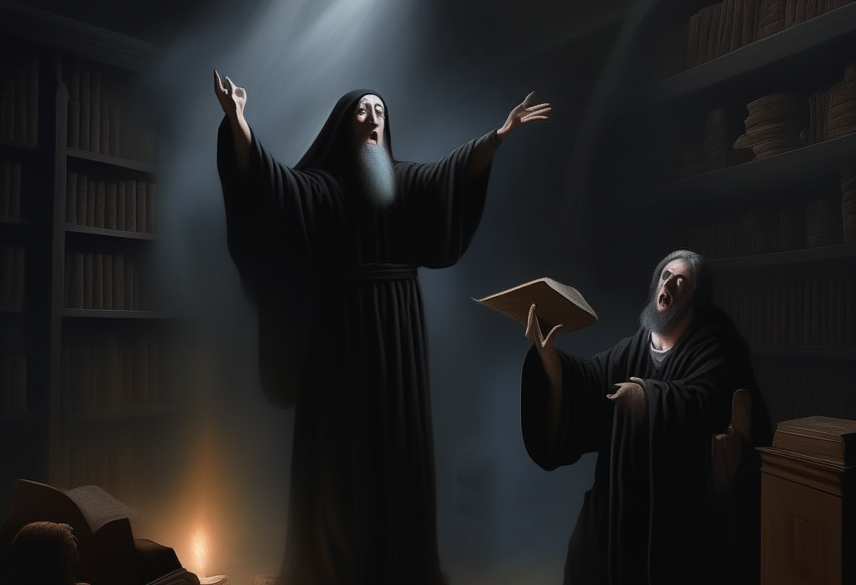 Moses Maimonides in a dark room full of books, wearing a black robe, gesturing with his arms raised as a ghostly apparition of Aristotle appears before him