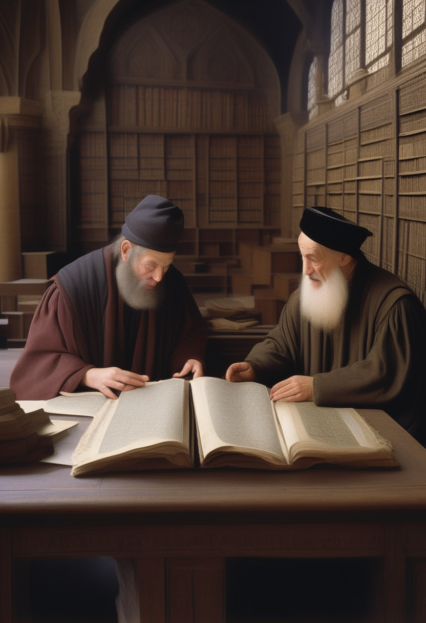 Two medieval European clerics in a library puzzling over a Latin translation of Moses Maimonides' writings laid open on a table before them