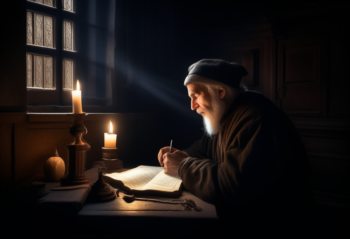 An old scholar writing by candlelight as a bright light shines through a window, symbolizing enlightenment and new philosophical ideas emerging after the dark ages