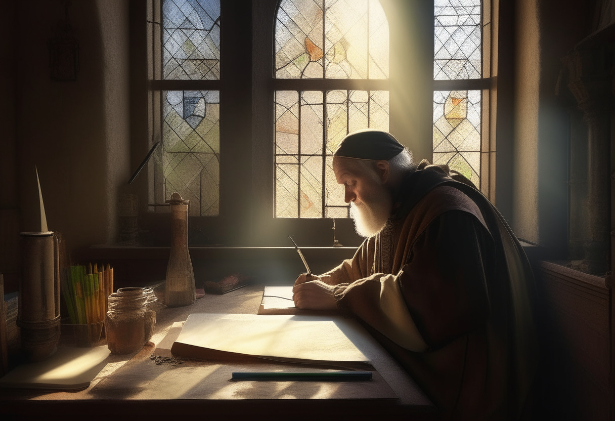 A medieval monk writing at a desk with quill and parchment, sun shining through a stained glass window depicting Aristotle and Plato