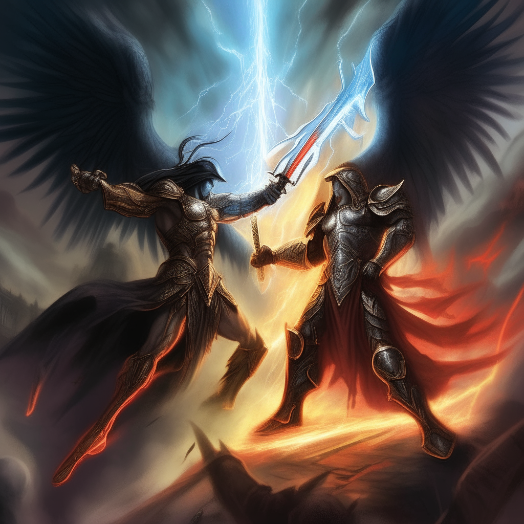 animate a battle between archangel Michael and Satan. Michael has a sword throwing lightnings and S\atan has a trident throwing dark lightning. at the end of the battle archangel Michael wins.