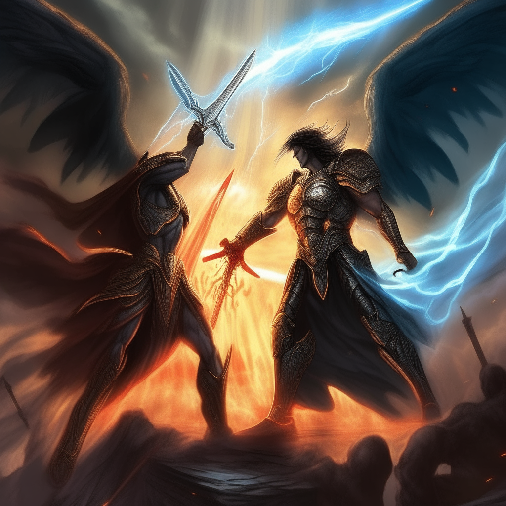 animate a battle between archangel Michael and Satan. Michael has a sword throwing lightnings and S\atan has a trident throwing dark lightning. at the end of the battle archangel Michael wins.