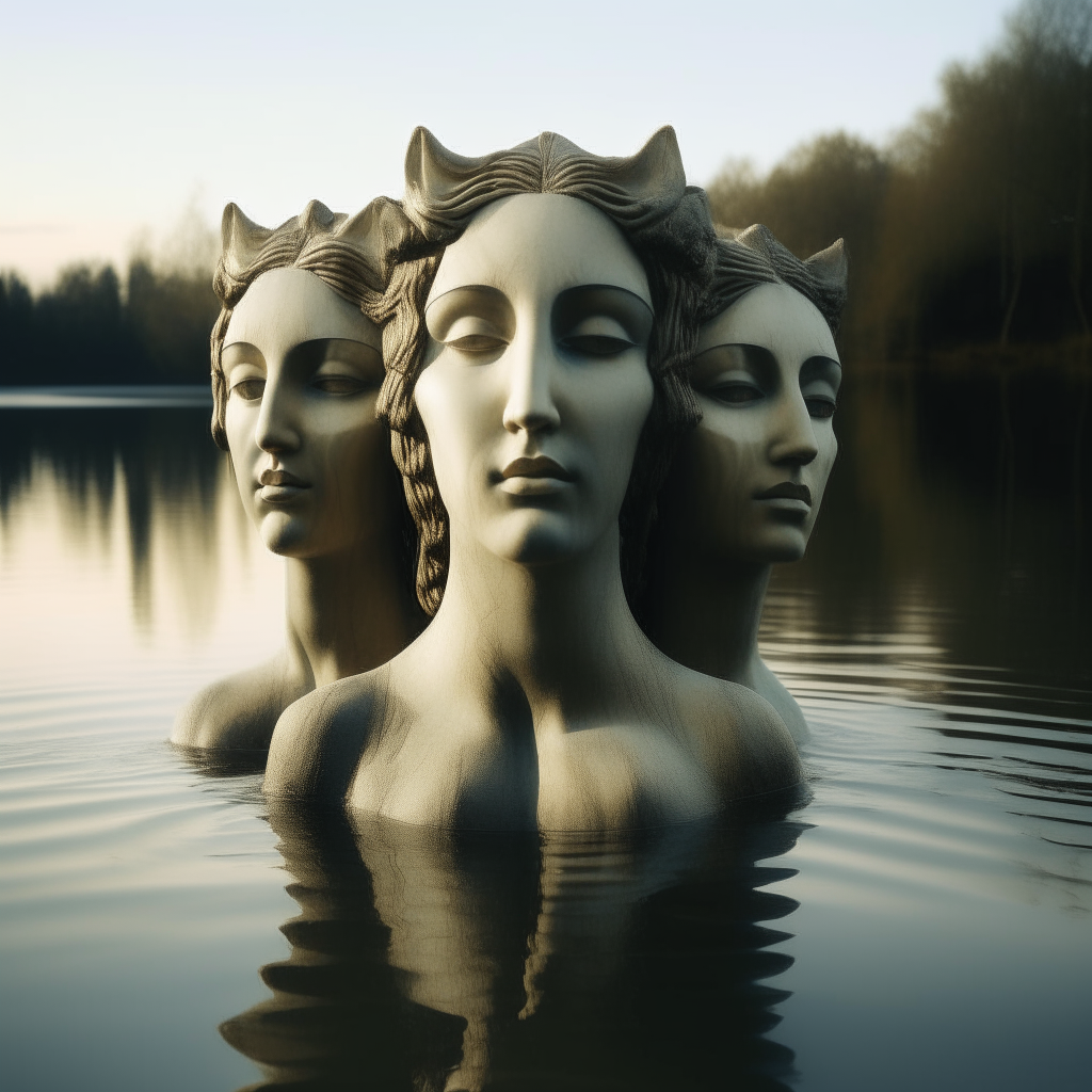 androgynous goddess with three faces, emerging from a lake in the daylight