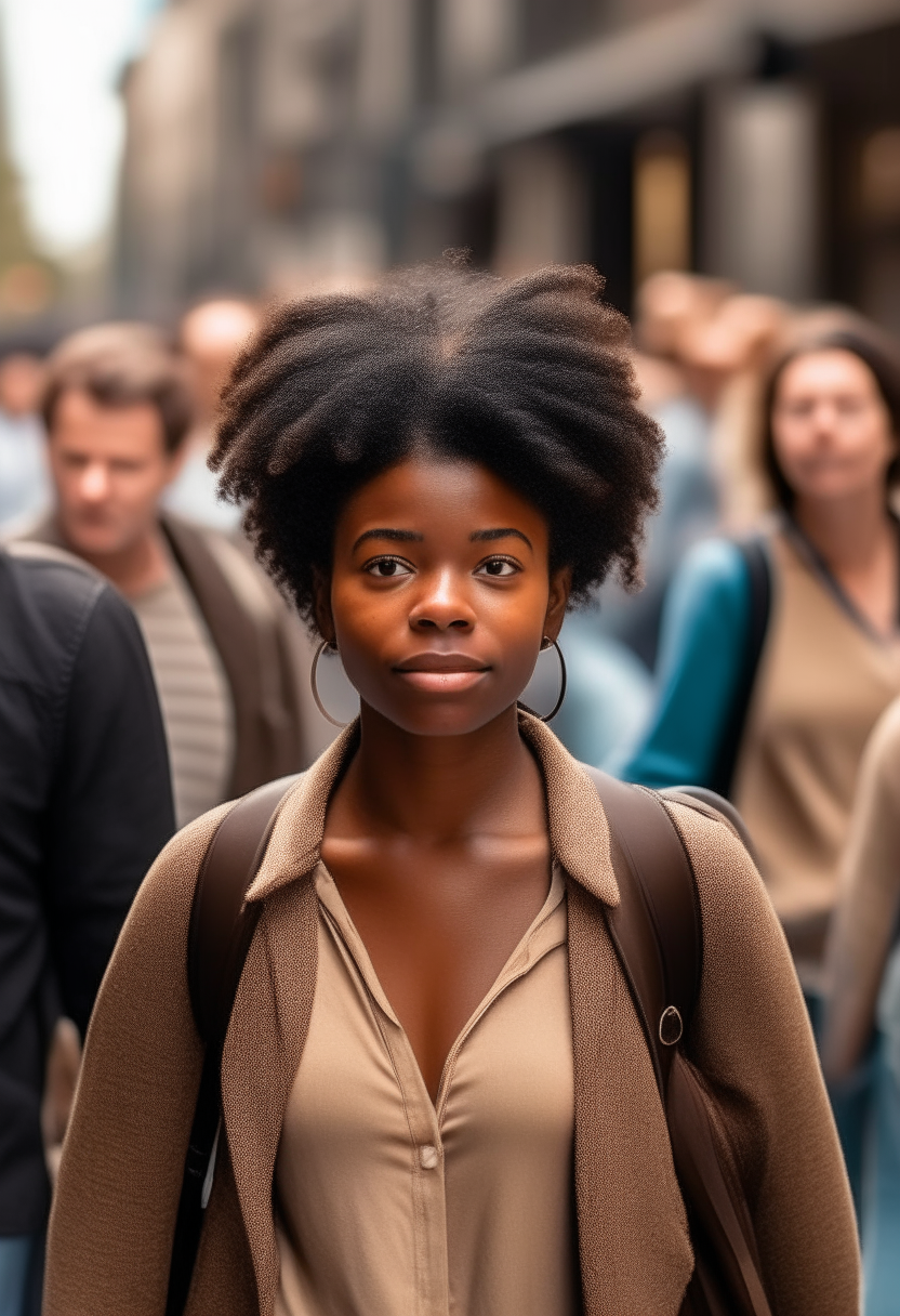 brown skin beautiful african american woman walking down a busy street with people walking by