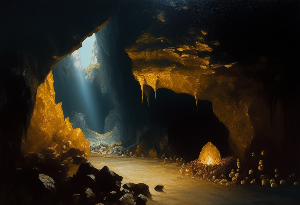 a dark mysterious cave full of rare golden treasures called the Isle of Legends