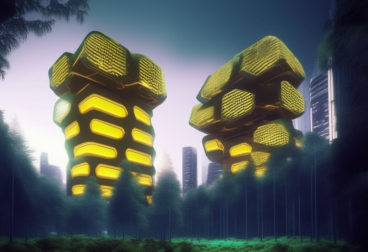 Una ciudad futurista en un bosque con edificios en forma de panal de abejas que brillan con luces de neón