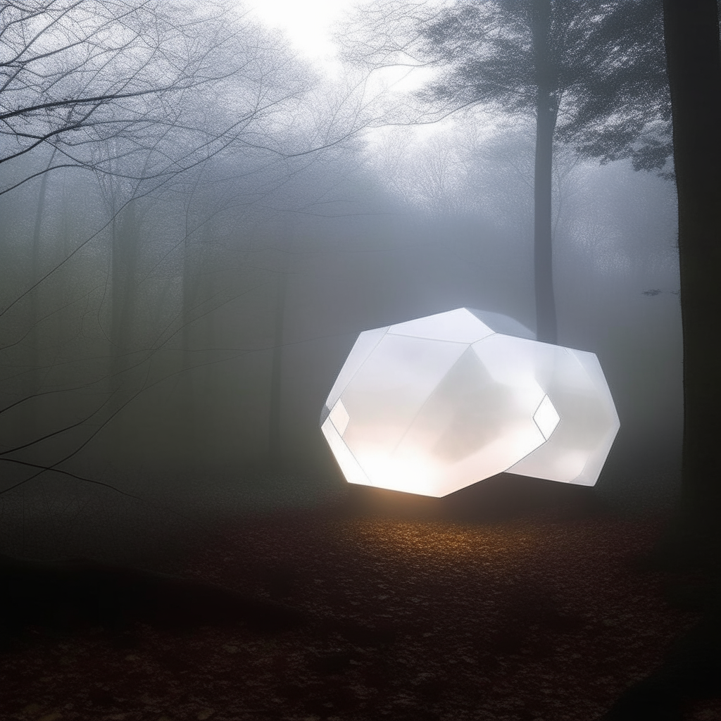 Un gran hexágono blanco muy luminoso en un bosque oscuro con niebla