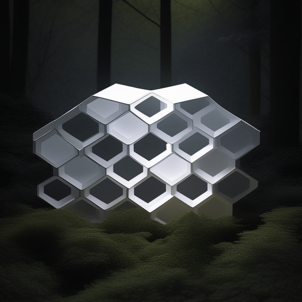 Un hexágono tridimensional blanco muy luminoso sobre una superficie plana en un bosque oscuro