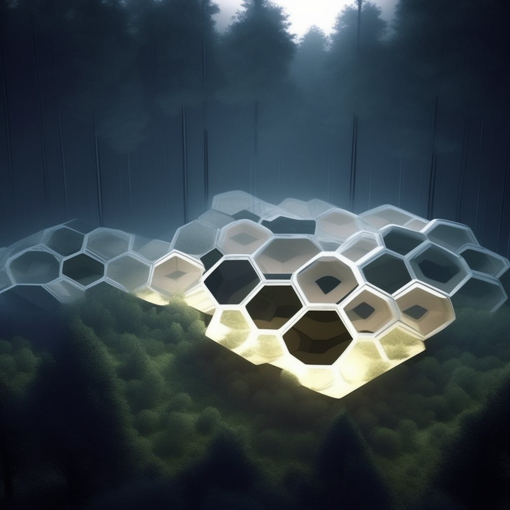 Una ciudad futurista hecha de cuatro hexágonos tridimensionales blancos muy luminosos separados como un panal de abejas sobre una superficie plana en un bosque oscuro