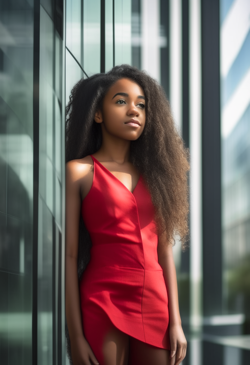 attractive brown skin woman with long wavy hair, wearing a red mini dress, leaning against a modern glass office building, portrait photo