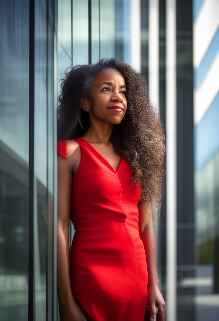 older attractive brown skin woman with long wavy hair, wearing a red mini dress, leaning against a modern glass office building