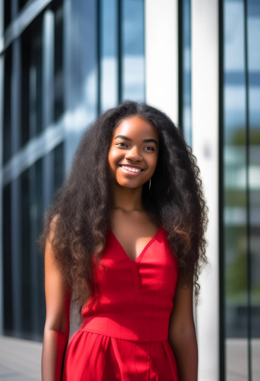 portrait of an attractive young brown skin woman with long wavy hair, wearing a red mini dress, leaning against a modern glass office building, beautiful flawless skin, radiant smile