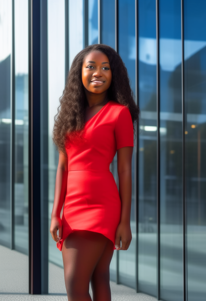 ultra-realistic full body photo of an attractive young brown skin woman with long wavy hair, wearing a red mini dress, leaning against a modern glass office building, beautiful flawless skin, radiant smile, perfect lighting