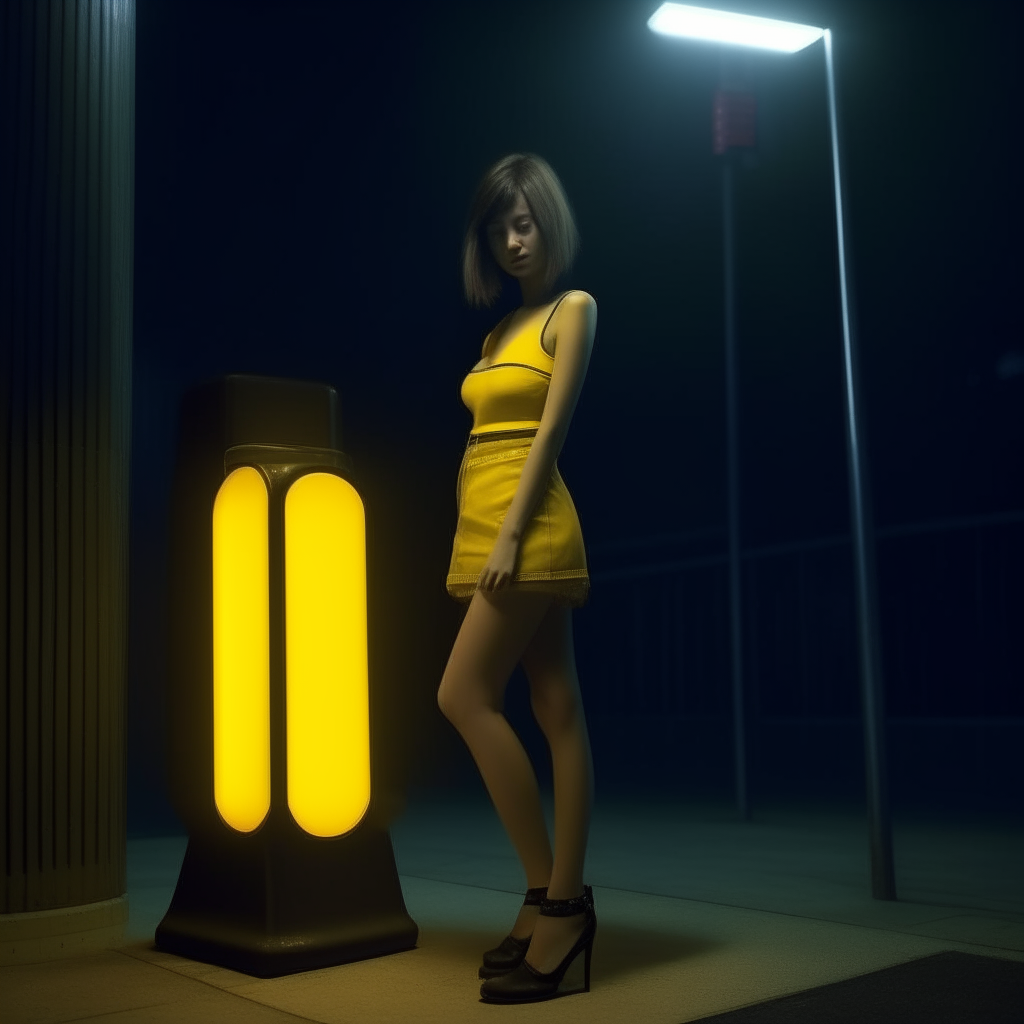 a prostitute wearing a yellow tube top, and a black mini skirt, leaning on a well lit amp-post, night time, photo-realistic, 4k