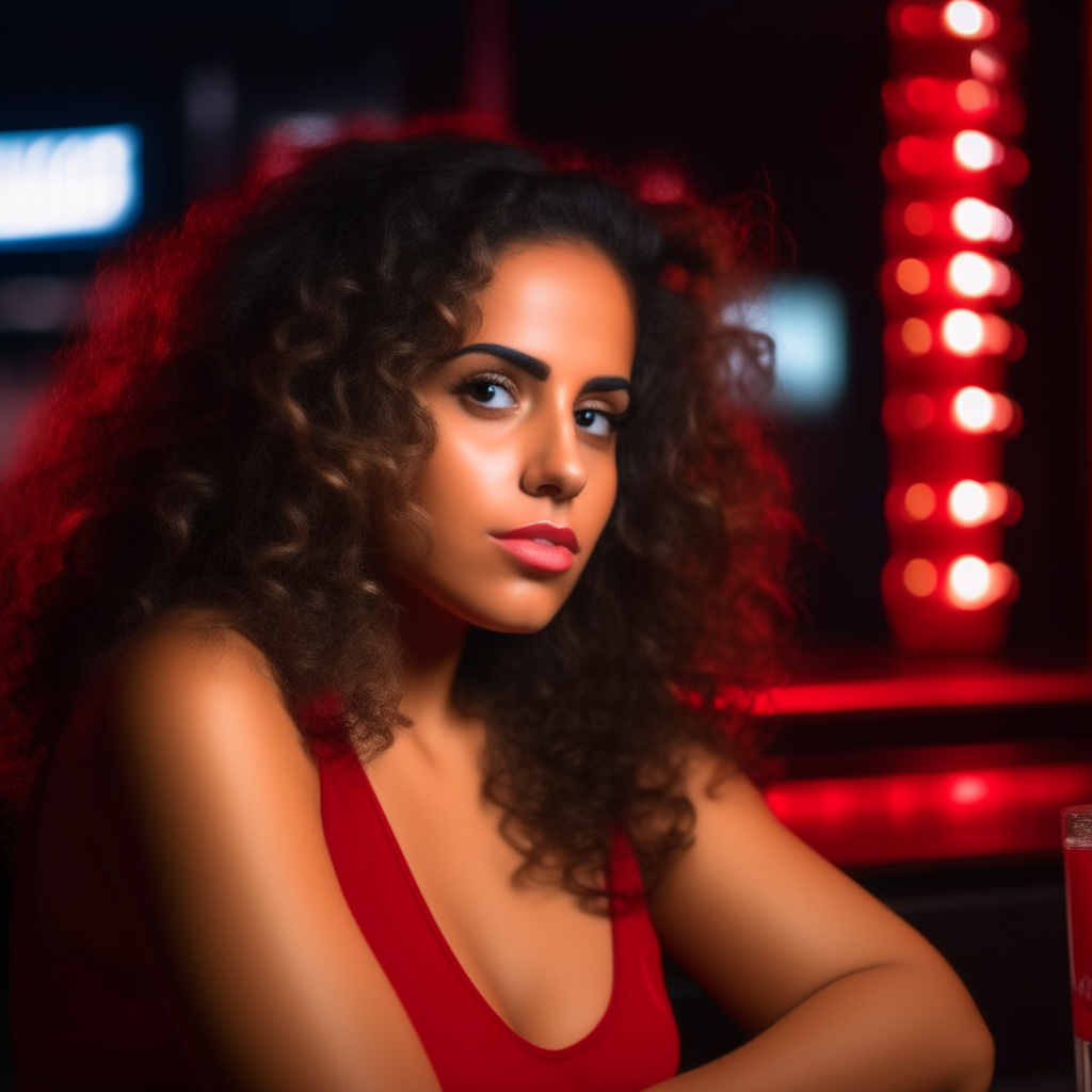 a 25 year old ultra-attractive Puerto Rican lady, long range photo shot, large chested, long curly hair, wearing a red mini dress, and white tank-top, laying on top of the bar, in a nightclub, studio photo-realistic, 4k