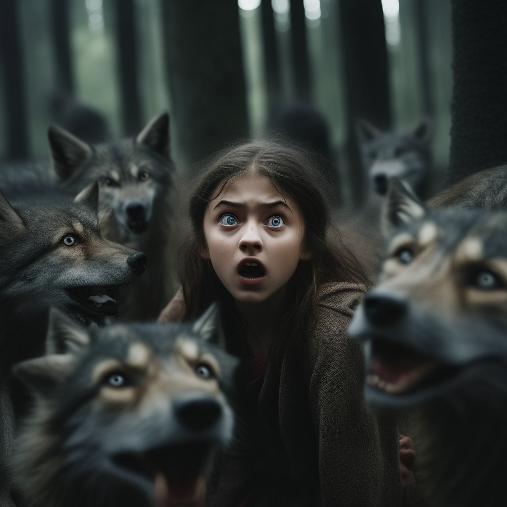 a girl in the forest surrounded by wolves she has bruises on her face an looks frightened