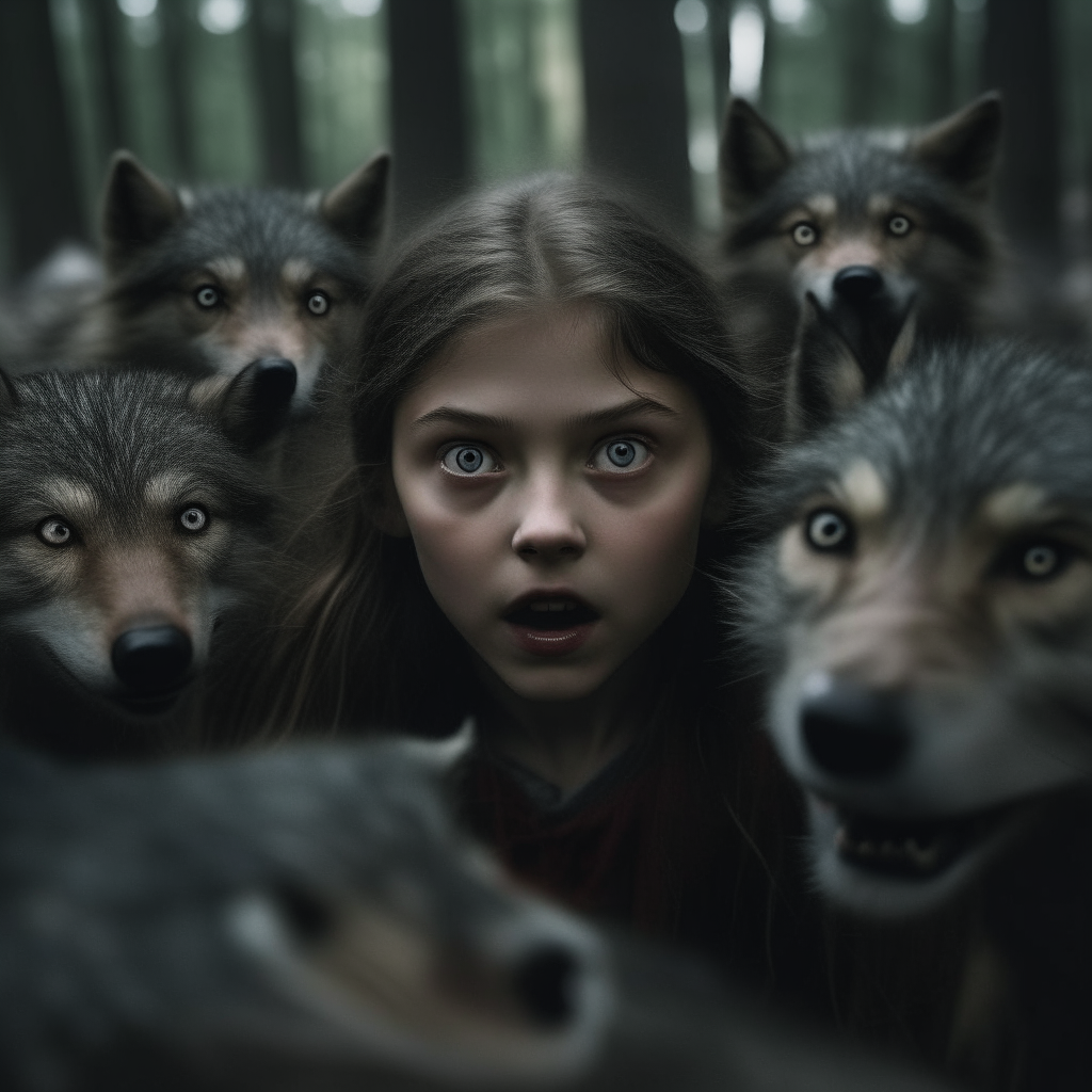 a girl in the forest surrounded by wolves she has bruises on her face an looks frightened looking into the camera