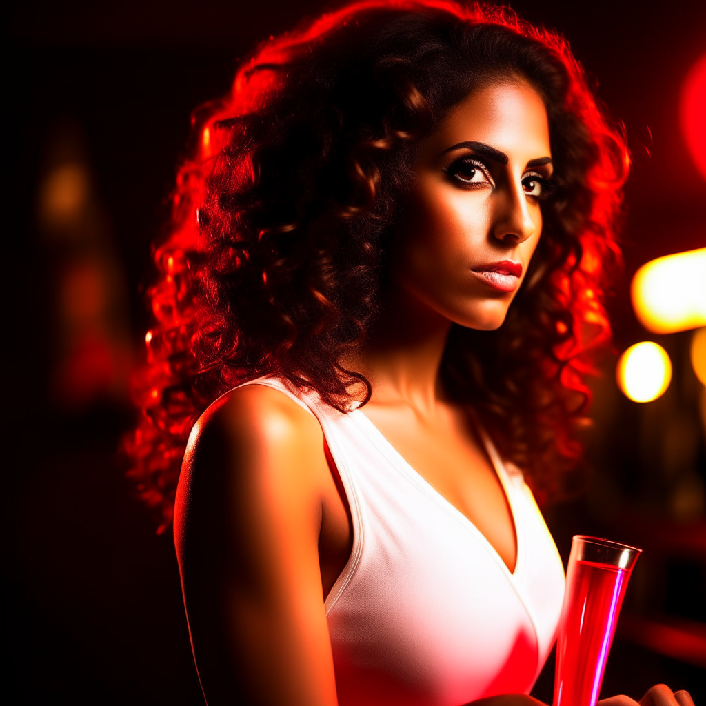 a 25 year old ultra-attractive Puerto Rican lady, long range photo shot, large chested, long curly hair, wearing a red mini dress, and white tank-top, laying on top of the bar, in a nightclub, studio photo-realistic, 4k