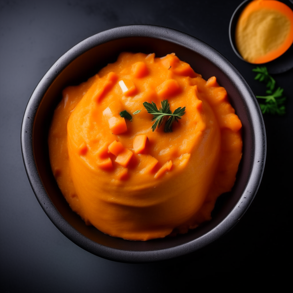 Bowl of mashed sweet potato baby food photographed from above with bright studio lighting and razor sharp focus Bowl of mashed sweet potato baby food photographed at an angle with bright studio lighting and razor sharp focus Bowl of mashed sweet potato baby food photographed straight on with bright studio lighting and razor sharp focus