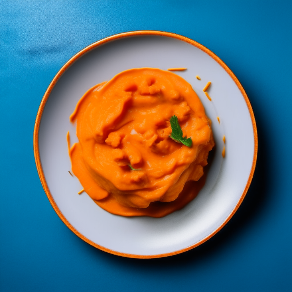 Bowl of mashed sweet potato baby food on a white plate, photographed from above with bright studio lighting and razor sharp focus Bowl of mashed sweet potato baby food on a blue plastic plate, photographed at an angle with bright studio lighting and razor sharp focus Bowl of mashed sweet potato baby food on a wooden plate, photographed straight on with bright studio lighting and razor sharp focus