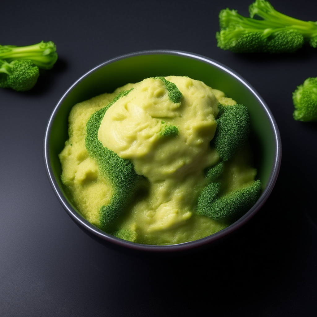 Bowl of mashed broccoli baby food photographed from above with bright studio lighting and razor sharp focus Bowl of mashed broccoli baby food photographed at an angle with bright studio lighting and razor sharp focus Bowl of mashed broccoli baby food photographed straight on with bright studio lighting and razor sharp focus