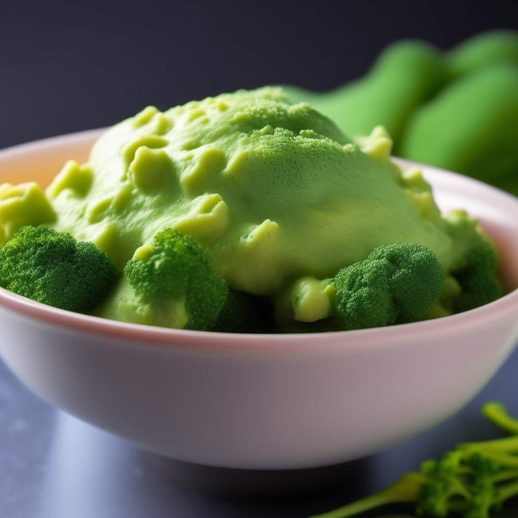 Bowl of mashed broccoli baby food photographed at an angle with bright studio lighting and razor sharp focus on the broccoli