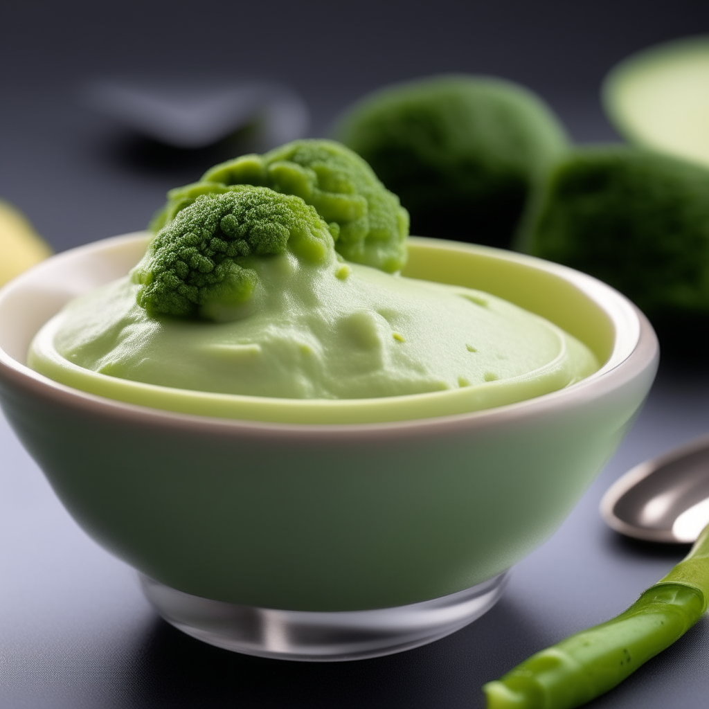 Bowl of smooth, creamy broccoli baby food purée photographed at an angle with bright studio lighting and razor sharp focus