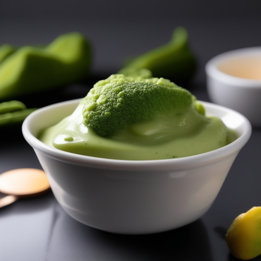 Bowl of perfectly smooth, creamy broccoli baby food purée, no lumps, photographed at an angle with bright studio lighting and razor sharp focus