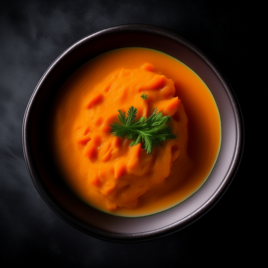 Bowl of mashed carrot baby food photographed from above with bright studio lighting and razor sharp focus Bowl of mashed carrot baby food photographed at an angle with bright studio lighting and razor sharp focus Bowl of mashed carrot baby food photographed straight on with bright studio lighting and razor sharp focus