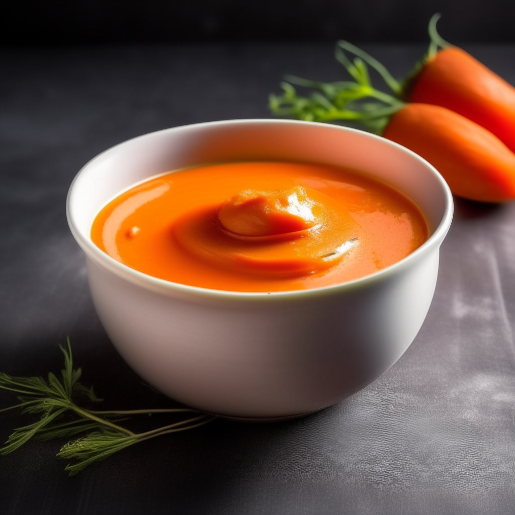 Bowl of smooth carrot baby food purée photographed at a different angle with bright studio lighting and razor sharp focus