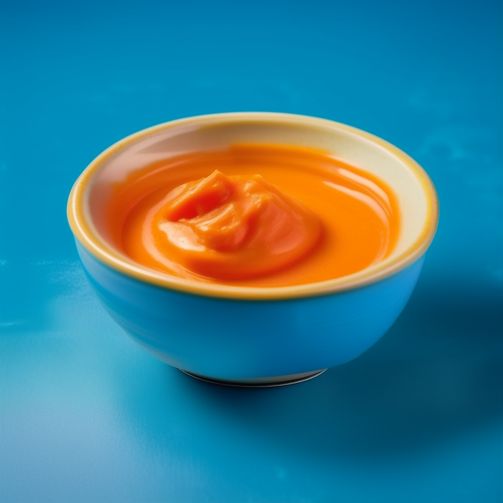 Bowl of smooth carrot baby food purée on a blue plastic plate, photographed at an angle with bright studio lighting and razor sharp focus