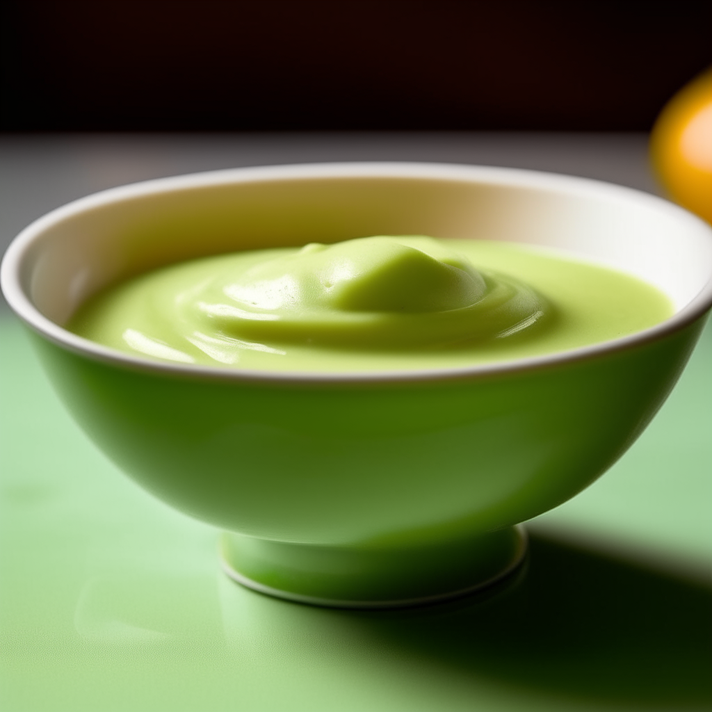 Bowl of smooth, creamy pea baby food purée, no visible peas, photographed at an angle with bright studio lighting and razor sharp focus