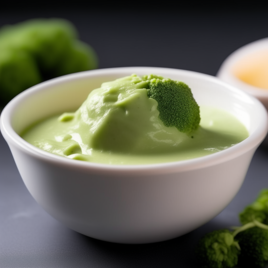 Bowl of smooth, creamy broccoli baby food purée, no visible pieces, photographed at an angle with bright studio lighting and razor sharp focus