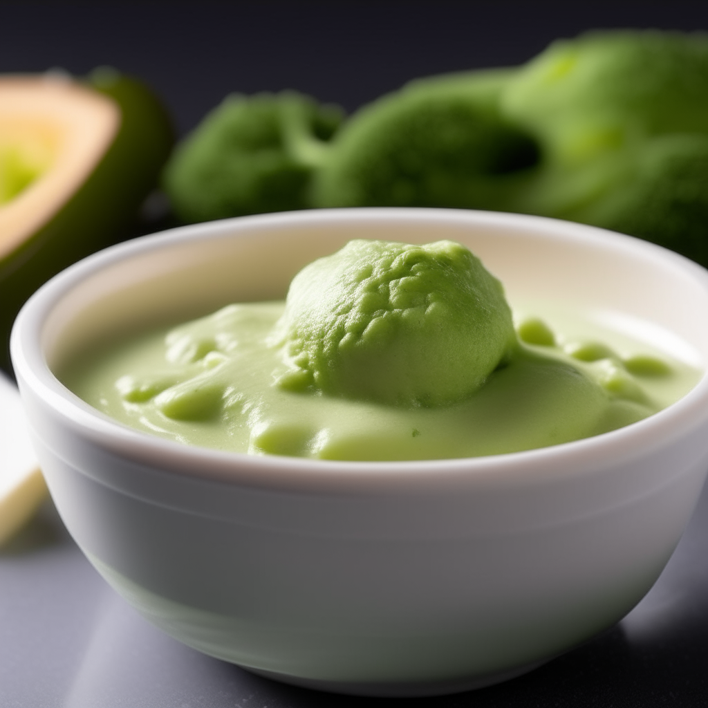 Bowl of smooth, creamy broccoli baby food purée, no visible pieces of broccoli, photographed at an angle with bright studio lighting and razor sharp focus