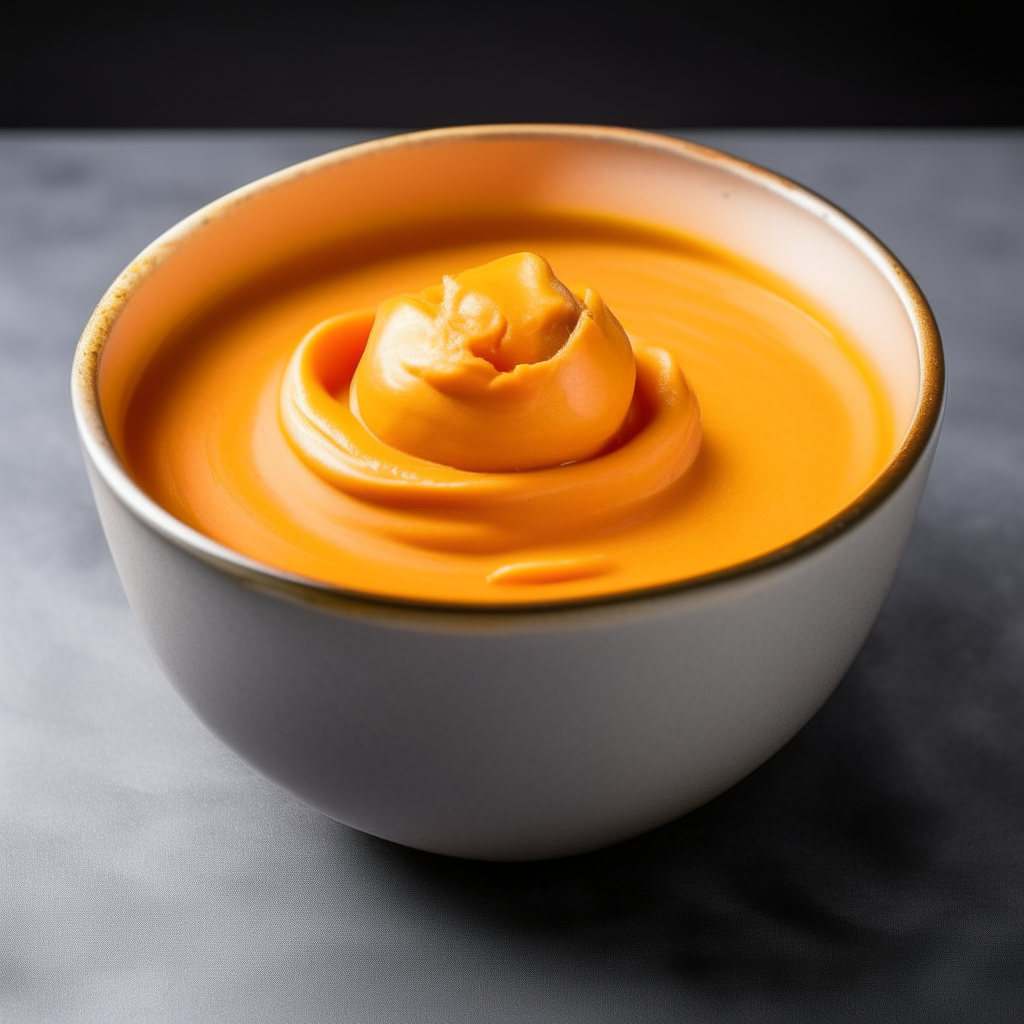 Bowl of smooth, creamy sweet potato baby food purée, photographed at an angle with bright studio lighting and razor sharp focus